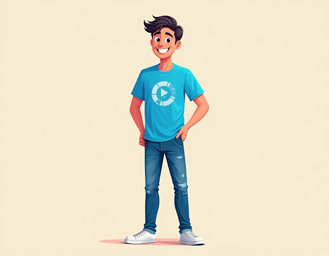 Create an illustration of a young man standing confidently with a friendly smile. He has short, slightly tousled hair and is wearing a bright blue t-shirt featuring a fun, abstract graphic instead of a brand name. His jeans are a faded blue, slightly fitted, and he has white sneakers on. The background should be a soft, neutral color to enhance the focus on the character while maintaining a clean, modern aesthetic.