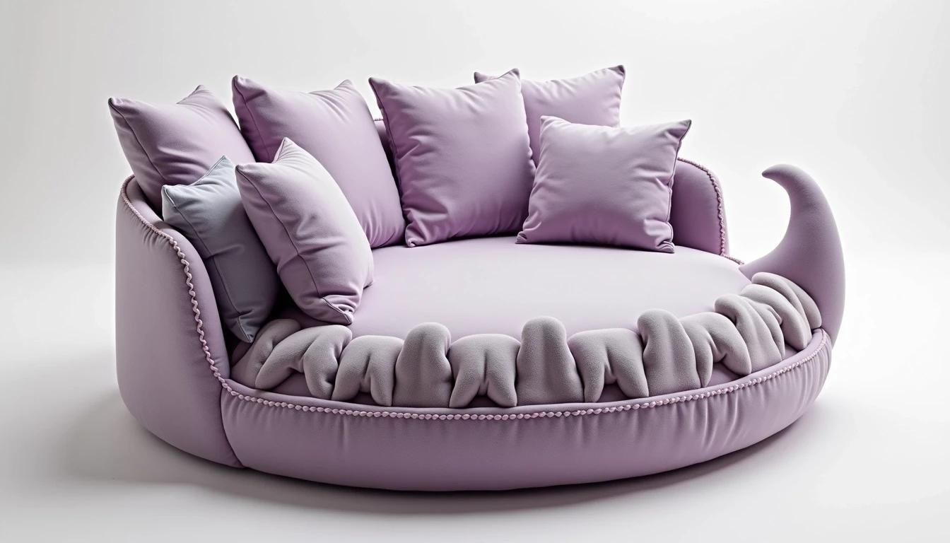 Design a whimsical, circular sofa that resembles a friendly creature. Change the color to a soft lavender and modify the design to feature floppy ears instead of a dragon's head. Remove the elongated tail and replace it with a series of fluffy, cushion-like bumps around the perimeter. The sofa should still include plush back cushions but make them rectangular and in a contrasting light grey. Aim for a cozy, inviting appearance that encourages relaxation.