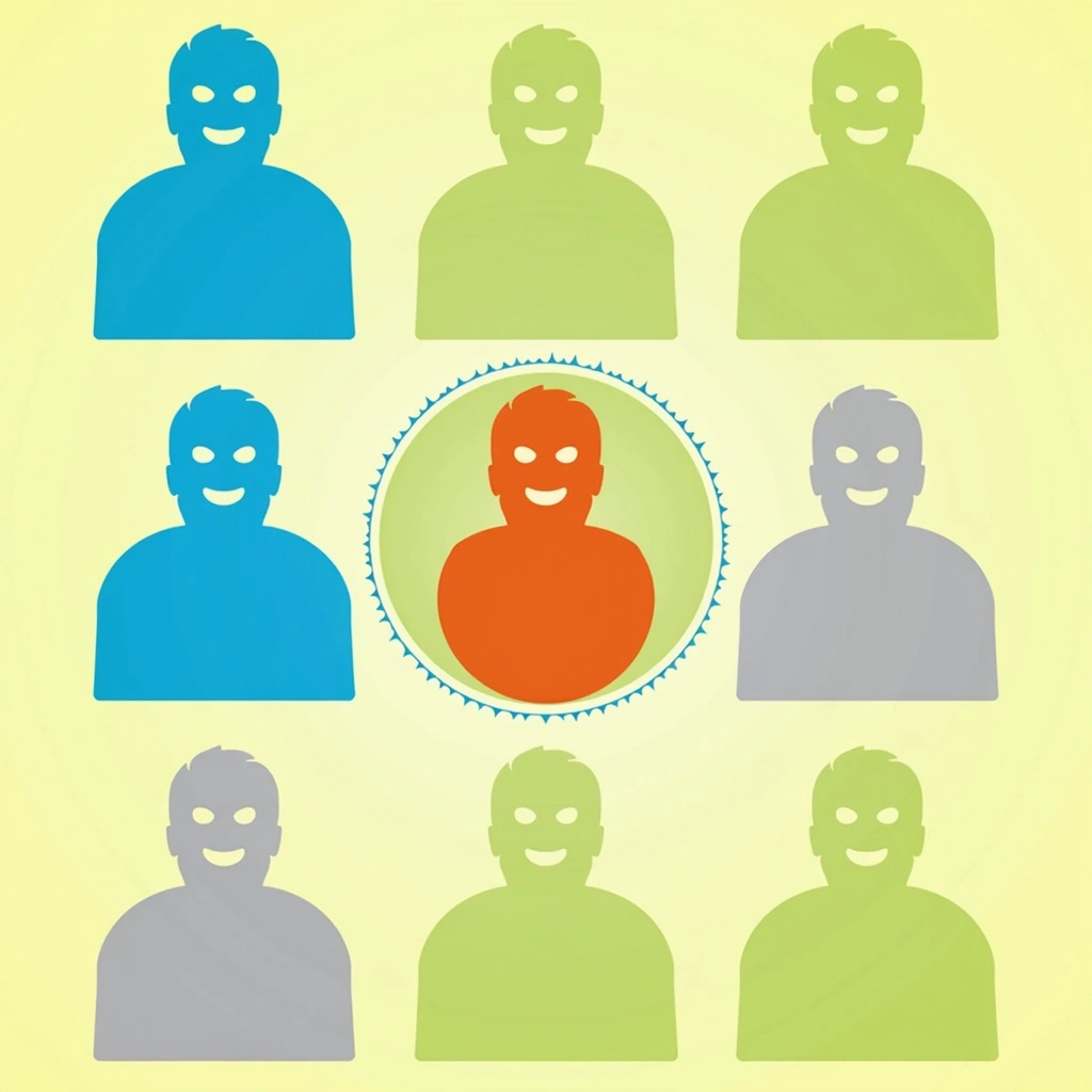 **Design Breakdown Prompt:**
1. **Background Color**: Change from yellow to a light green hue.
2. **Main Figures**:
- Alter the blue figures to a soft gray color.
- Modify the standout figure to be a bright orange instead of red.
3. **Facial Details**:
- Replace the smiling face with a neutral expression.
4. **Body Shape**:
- Change the body type of the standout figure to be more angular instead of rounded.
5. **Layout**:
- Keep the grid layout but alter the spacing between figures to be slightly wider, making the standout figure even more prominent.
6. **Overall Theme**:
- Shift from a focus on individuality to a theme of collaboration by adding an overlay of interlinked circles around the figures.