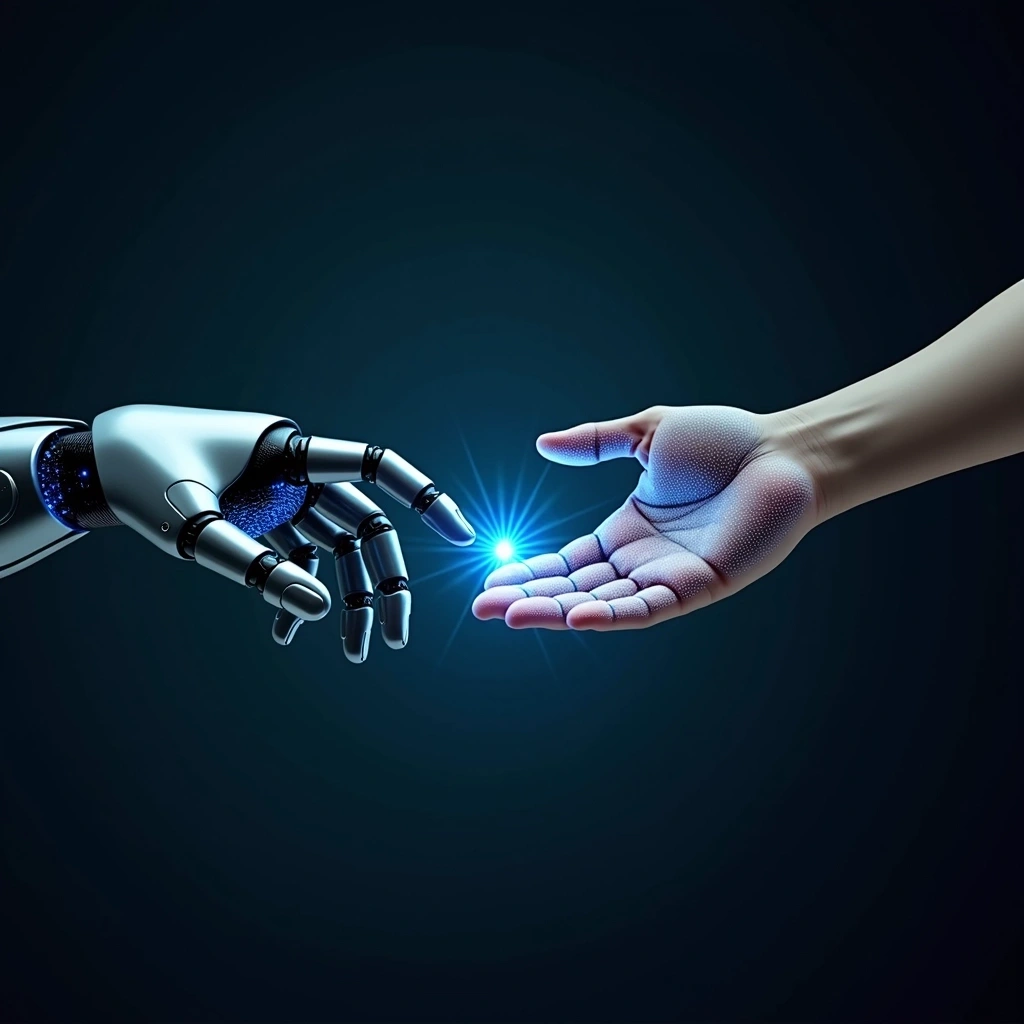 Create an image featuring a stylized robotic hand reaching out towards a human hand. The robotic hand should have a sleek, metallic design with a matte finish and glowing blue accents. The human hand should appear more organic, with a translucent skin texture that reveals intricate circuit patterns glowing in soft blue. Between the hands, depict a vibrant energy spark connecting them, symbolizing the merging of technology and humanity. The background should be a smooth gradient from dark blue to black, providing a dramatic contrast to the hands.