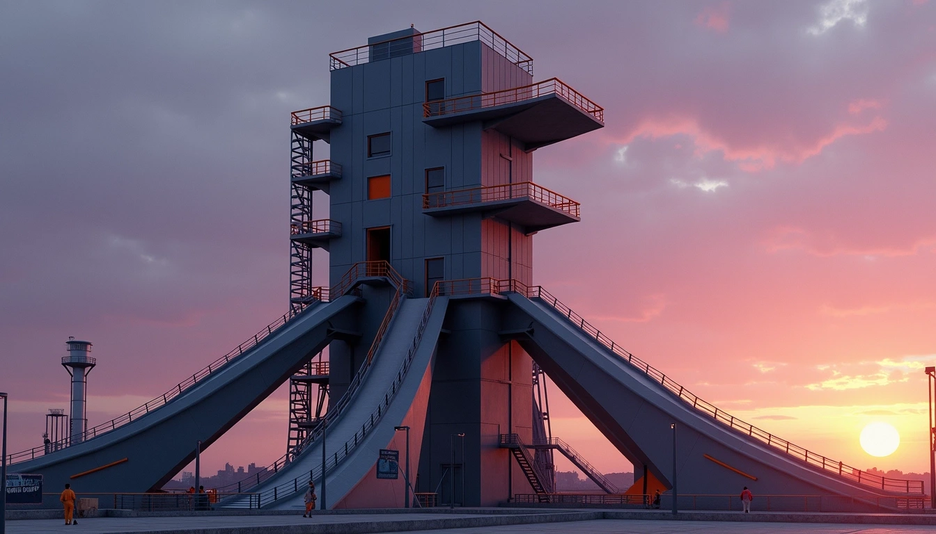 Create an industrial structure with a tall, angular central tower, featuring multiple levels and open observation platforms. Replace the metallic gray color with a matte black finish and incorporate bright orange accents for contrast. Introduce large, curved conveyor belts extending outward from the base of the tower, along with staircases and railings for accessibility. Replace the sky background with a sunset gradient, transitioning from purple to deep blue. Ensure all branding and specific names are removed.