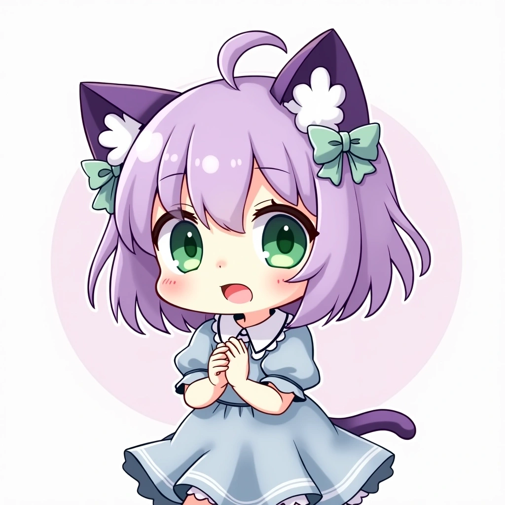 Create a character design featuring a cute, chibi-style girl with short, fluffy lavender hair and big, sparkling green eyes. She should have cat ears that are a soft shade of purple and wear a frilly, light blue dress. Instead of expressing surprise, she should look excited, with her hands clasped together and a bright smile. Replace any accessories with a pair of simple, oversized bows in her hair. The background should be a light pastel color to keep the focus on the character.