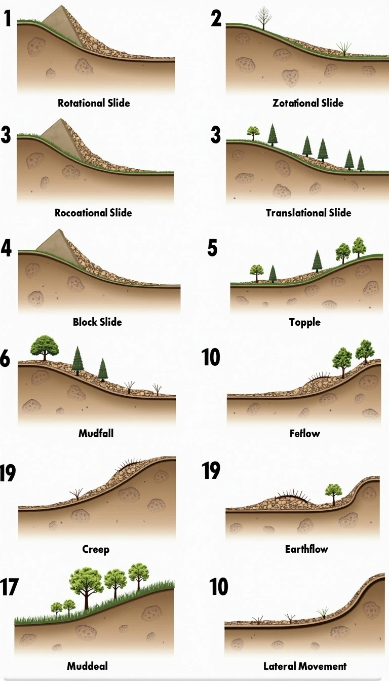 1. **Rotational Slide**: Show a sloped surface with a curved failure plane, illustrating soil and sediments moving downward in a circular motion.
2. **Translational Slide**: Depict a straight failure plane along which material moves laterally, with features like surface roughness highlighted.
3. **Block Slide**: Represent large, rectangular blocks of material sliding down a slope, maintaining their shape during movement.
4. **Rockfall**: Illustrate fragments of rock breaking away from a cliff face and falling to the ground below.
5. **Topple**: Show a series of blocks tilting forward off a slope, emphasizing the pivot point at the base.
6. **Mudflow**: Convey a flow of wet, saturated soil moving rapidly down a slope, with a clear path of destruction.
7. **Debris Avalanche**: Illustrate a large mass of debris rushing downwards, with varied sizes of particles mixed together.
8. **Earthflow**: Represent a slow movement of saturated soil, showing a bulging area in the middle of the flow.
9. **Creep**: Indicate a gradual movement of soil downhill, featuring tilted trees and curvature in the ground.
10. **Lateral Movement**: Show a section of land shifting horizontally, with cracks and displaced materials evident.