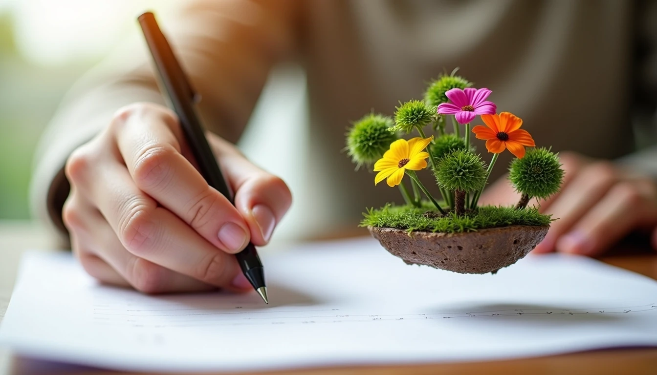 Create an image featuring a hand writing on a piece of paper with a stylized, floating island of colorful flowers and small shrubs instead of trees. The background should be softly blurred to suggest a cozy indoor setting, enhancing the focus on the writing hand and the vibrant island.