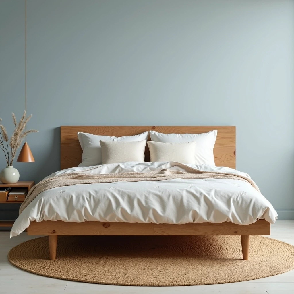 Design a minimalist bed frame with a low-profile, textured wood finish. Replace the headboard with a solid panel and introduce a soft, solid-colored bedding set with subtle geometric patterns. Use a warm beige rug underneath to add coziness, and choose a pale blue wall for a calming atmosphere.