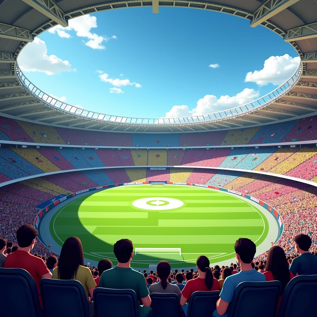 Create an image of a large, modern sports stadium filled with enthusiastic fans. The stadium should have a vibrant green field, bright overhead lights, and a clear blue sky with a few fluffy clouds. Instead of branding, include general signage around the stadium and lively banners displaying colorful abstract designs. The seating should curve around the field, showcasing a multi-tiered arrangement with fans wearing assorted casual attire.
