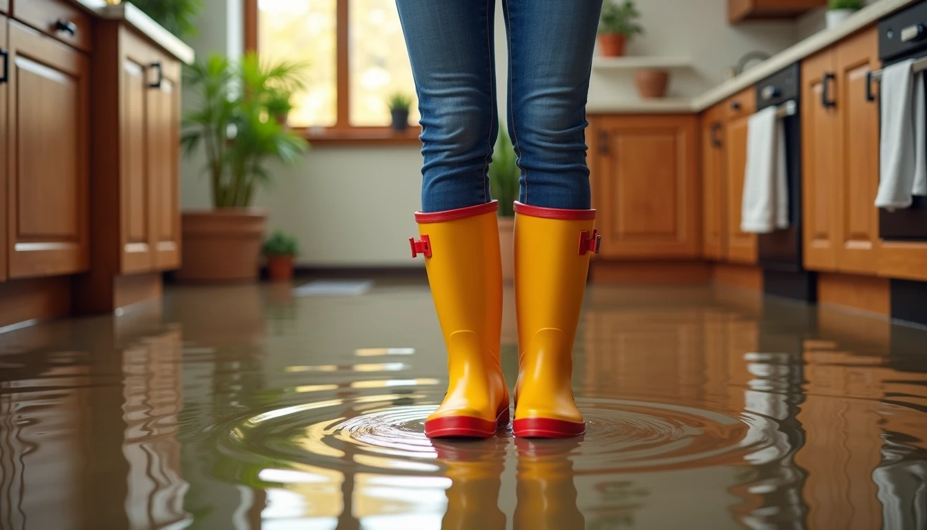 Create an image of a person standing in a flooded kitchen, wearing bright red rubber boots instead of yellow, with blue jeans. The kitchen features wooden cabinets with no visible brand logos, and the water should be rising around ankle height. Remove any identifiable brand items and incorporate a few potted plants in the background. The lighting should be warm and inviting, contrasting with the flood scenario.