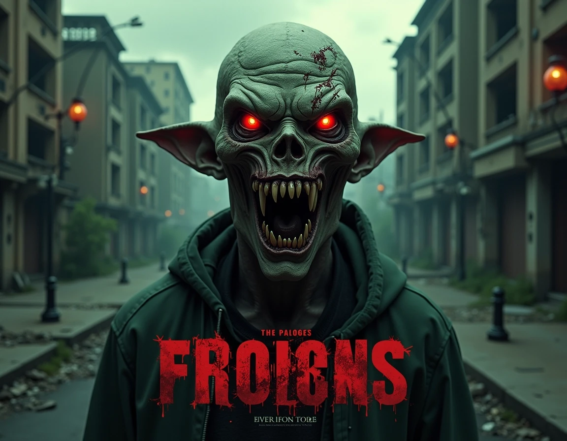 **Image Design Breakdown Prompt:**
Create an eerie, dark-themed poster featuring a grotesque creature with hollow, glowing eyes and decaying features. The creature should appear in a ruined urban environment, with a backdrop of crumbling buildings and an overcast sky.
1. **Creature Design:**
- Change the facial features to have more exaggerated fangs and scars.
- Alter the eye color to a sinister red for a more menacing look.
- Modify the texture of the skin to appear more mottled and ashen.
2. **Background:**
- Include more details like broken streetlights and scattered debris to enhance the desolation.
- Add a subtle fog for a haunting atmosphere.
3. **Text:**
- Use a bold, distressed font for the title at the bottom, but change the language to a fictional one.
- Remove any identifiable brand or author reference and replace it with a mysterious tagline that evokes curiosity and dread.
4. **Color Scheme:**
- Utilize a palette of dark greens and grays, with splashes of red to highlight the creature and the title, creating a stark contrast against the gloomy background.
Create a cohesive, chilling visual that draws the viewer in with its unsettling elements.