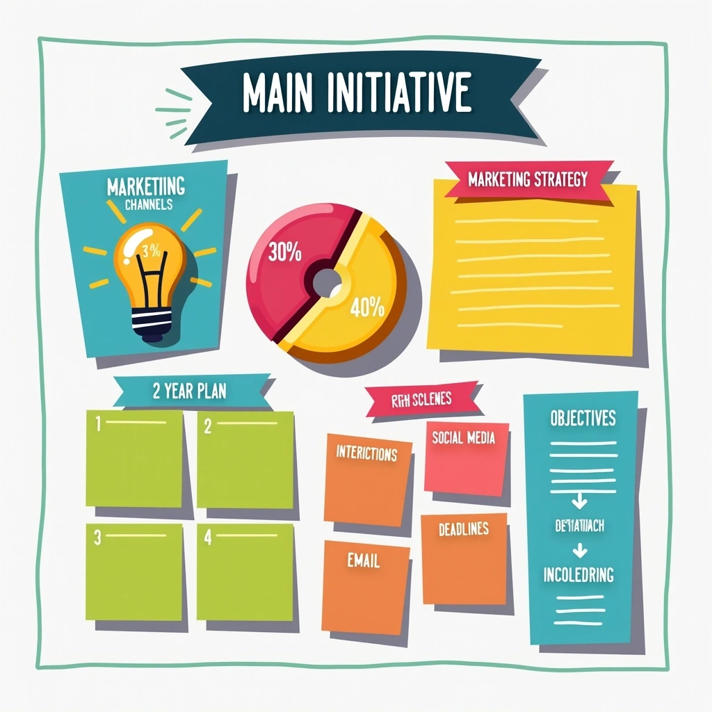 Design a concept board featuring colorful sticky notes in various shapes. Replace any brand references with generic terms.
1. Title at the top: "MAIN INITIATIVE" in bold, playful font.
2. Central element: A pie chart illustrating "USER ENGAGEMENT" with segments labeled as "30%", "40%", "30%" in vibrant colors.
3. Surrounding notes:
- "MARKETING STRATEGY" in a bright yellow sticky note.
- "2-YEAR PLAN" in a blue note.
- "DIGITAL CHANNELS" noting various methods like “SOCIAL MEDIA,” “EMAIL,” and “WEB.”
- Five squares representing services/products with labels like "SOLUTION," "OUTREACH," and "EXCELLENCE."
4. Additional notes:
- “TEAM COOPERATION” in green,
- “OBJECTIVES” in orange,
- “DEADLINES” in pastel shades for clarity.
5. Include graphics such as a simple line graph and flowchart shapes to illustrate processes.
Make sure the overall vibe is collaborative and organized, and the colors are bright and engaging.