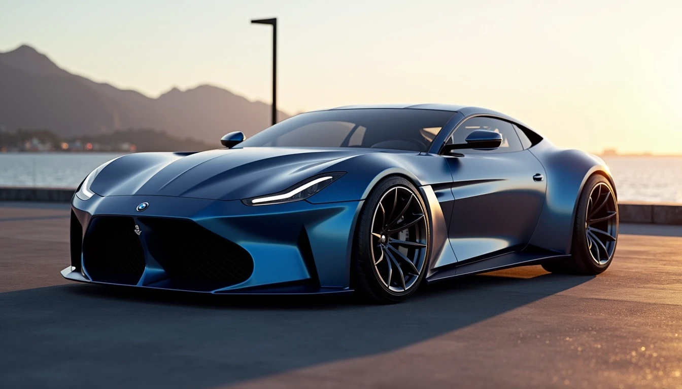 **Design Breakdown of Revised Image:**
1. **Color:** Change the car's color from red to a sleek metallic blue.
2. **Body Shape:** Alter the shape by giving it a slightly more angular design and a sportier silhouette.
3. **Headlights:** Replace the current headlights with larger, more aggressive LED lights that extend wider.
4. **Wheels:** Modify the wheels by using a multi-spoke alloy design instead of the existing one, and increase their diameter for a bolder look.
5. **Windows:** Change the window design to include a more sloped rear window for a more aerodynamic appearance.
6. **Grill:** Simplify the front grill, giving it a more minimalist style without any detailing.
7. **Background:** Replace the urban background with a scenic coastal landscape, featuring mountains and a clear sky.
8. **Shadow and Lighting:** Adjust the lighting to create a golden-hour effect to enhance the car's features.
9. **Spoilers:** Add a subtle rear spoiler for a sportier finish.
10. **Overall Aesthetic:** Focus on a modern and sleek vibe, emphasizing performance and style over practicality.