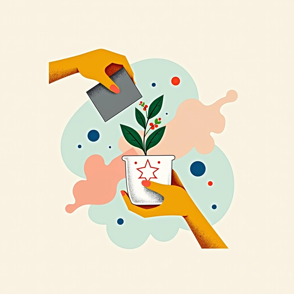 Create a design featuring two hands, one pouring a liquid from a metal container into a glass. Replace the plant with a stylized illustration of a leafy herb with colorful small flowers. Instead of red dots, use blue circles as accents. Add abstract splashes of color around the design to create a vibrant background, removing any brand references or identifiable elements.