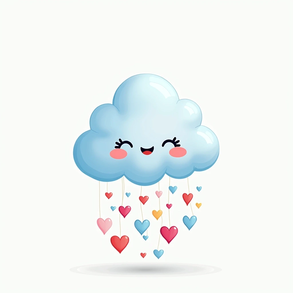 Create a cheerful cloud character design. Replace the original features with a fluffy, more rounded shape and add small, playful eyes with a wider smile. Instead of raindrops, depict colorful hearts falling from the cloud. Use a pastel color palette for the cloud, incorporating soft blues and pinks for a whimsical touch. Remove any brand references and ensure the design feels friendly and inviting.