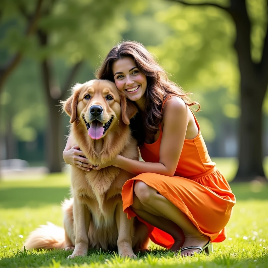 Create an image of a woman with wavy brunette hair, wearing a bright orange sundress, crouching down in a sunlit park. She has a joyful expression, embracing a large, fluffy golden retriever with its tongue out. The background features lush green trees and soft grass, without any brand logos or specific identifiable marks.