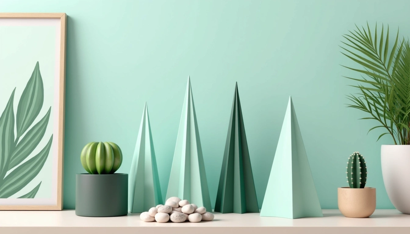 **Design Breakdown:**
1. **Color Palette:**
- Change the color from mint green to a soft pastel blue for a fresh look.
2. **Shapes and Features:**
- Replace the cactus shapes with simplified geometric forms, like pyramids and cones, to create a more abstract interpretation of plants.
- Incorporate smooth, rounded edges instead of ribbed textures for a modern aesthetic.
3. **Arrangement:**
- Maintain the staggered height arrangement but introduce a slight rotation to each piece for added visual interest.
4. **Background:**
- Substitute the black pot with a light wooden planter to add warmth.
- Replace the background greenery with a minimalist art print for a chic, contemporary feel.
5. **Additional Elements:**
- Add a small decorative rock or pebble arrangement in front of the new plant shapes to enhance the scene's depth and texture.
This updated design retains a focus on modern decor while introducing fresh elements and a unique character.