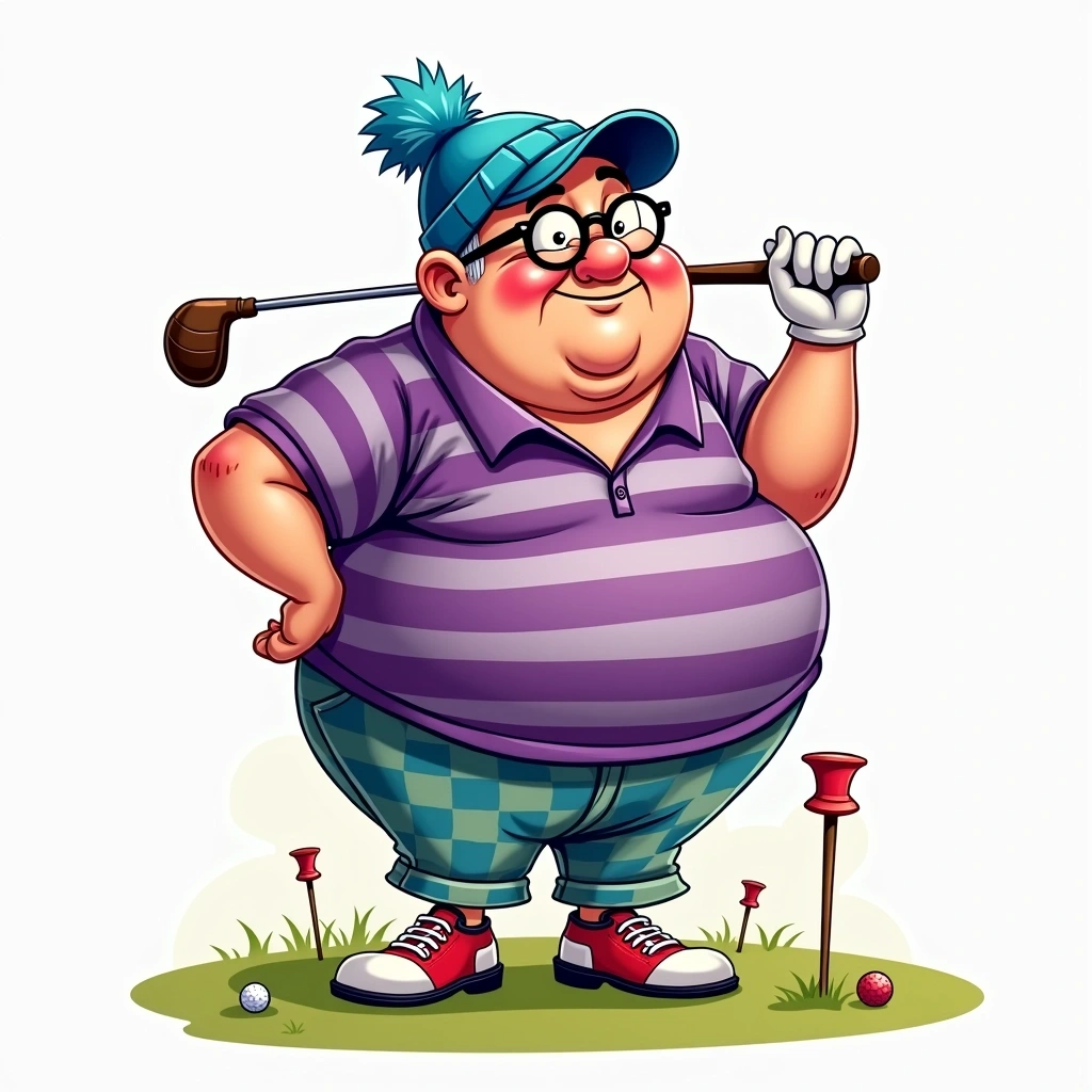 Design an illustration featuring a humorous character playing golf. The character is a chubby, older man wearing a colorful, oversized shirt and vibrant pants. He has a playful expression, squinting as he swings a golf club.
Key features to adjust:
1. Change the cap to a bright blue beanie.
2. Replace the sunglasses with round, oversized glasses.
3. Use a striped polo shirt instead of the purple one.
4. Alter the pants to be checkered in a contrasting color.
5. Change the footwear to funky, two-tone shoes with exaggerated laces.
The background should remain simple, with a grassy area and a few golf tees scattered around, while ensuring no identifiable brand logos are present.