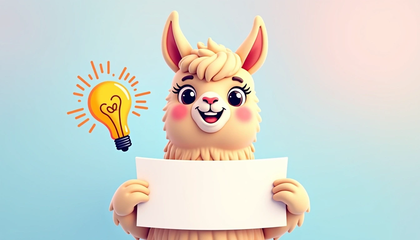 Create an illustration of a cheerful cartoon llama holding a blank sign. Instead of a brain, have a light bulb drawn in a simple, stylized manner, with playful swirls around it to suggest creativity. The background should be a soft pastel gradient, blending shades of blue and pink for a warm, inviting feel. The llama should have big expressive eyes and a friendly smile, with a slightly fluffy texture to its fur.