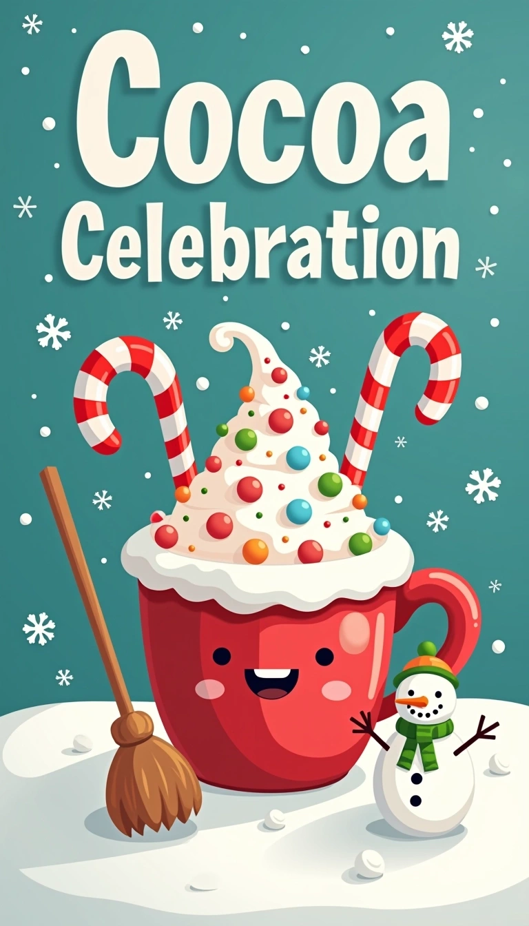 Create an illustration featuring a cheerful cup of marshmallow cocoa with a whimsical hat adorned with festive ornaments. Instead of candy canes, use colorful lollipops sticking out of the cup. Replace the broom with a playful, oversized candy cane. Add a small snowman figure beside the cup, and change the background to a snowy scene with snowflakes. The text should read "Cocoa Celebration" in a fun, bold font.