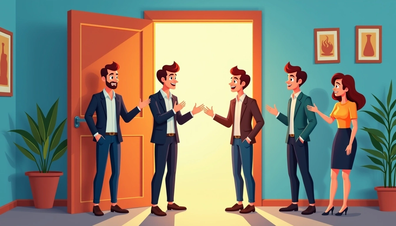 **Prompt for Image Design Modification:**
1. **Setting**: Change the doorway to a window, allowing natural light to come in instead of a door with an orange glow.
2. **Characters**:
- Replace the man in a suit with a woman wearing casual business attire.
- Alter the hairstyles and clothing of the four characters to reflect different styles, such as varying hair lengths and colors.
- Introduce an additional character with a playful demeanor standing off to the side.
3. **Expressions**: Adjust the expressions of the characters to convey excitement instead of seriousness; have them smile or laugh.
4. **Background**: Change the color scheme to brighter tones, such as light blue walls, to create a more cheerful atmosphere.
5. **Poses**: Have the characters engaged in a dynamic conversation, with gestures indicating movement and enthusiasm.
6. **Additional Elements**: Introduce elements like plants or art on the walls to enhance the interior design.
