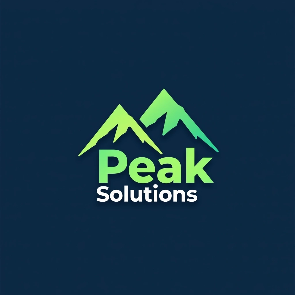 Design a logo with a deep blue background featuring stylized mountain peaks in varying shades of green. Instead of the text "Marin," use a bold, modern sans-serif font to write "Peak Solutions," with a lighter shade of green for "Peak" and white for "Solutions." Adjust the alignment to center the text below the mountains, ensuring a balanced composition without any brand references.