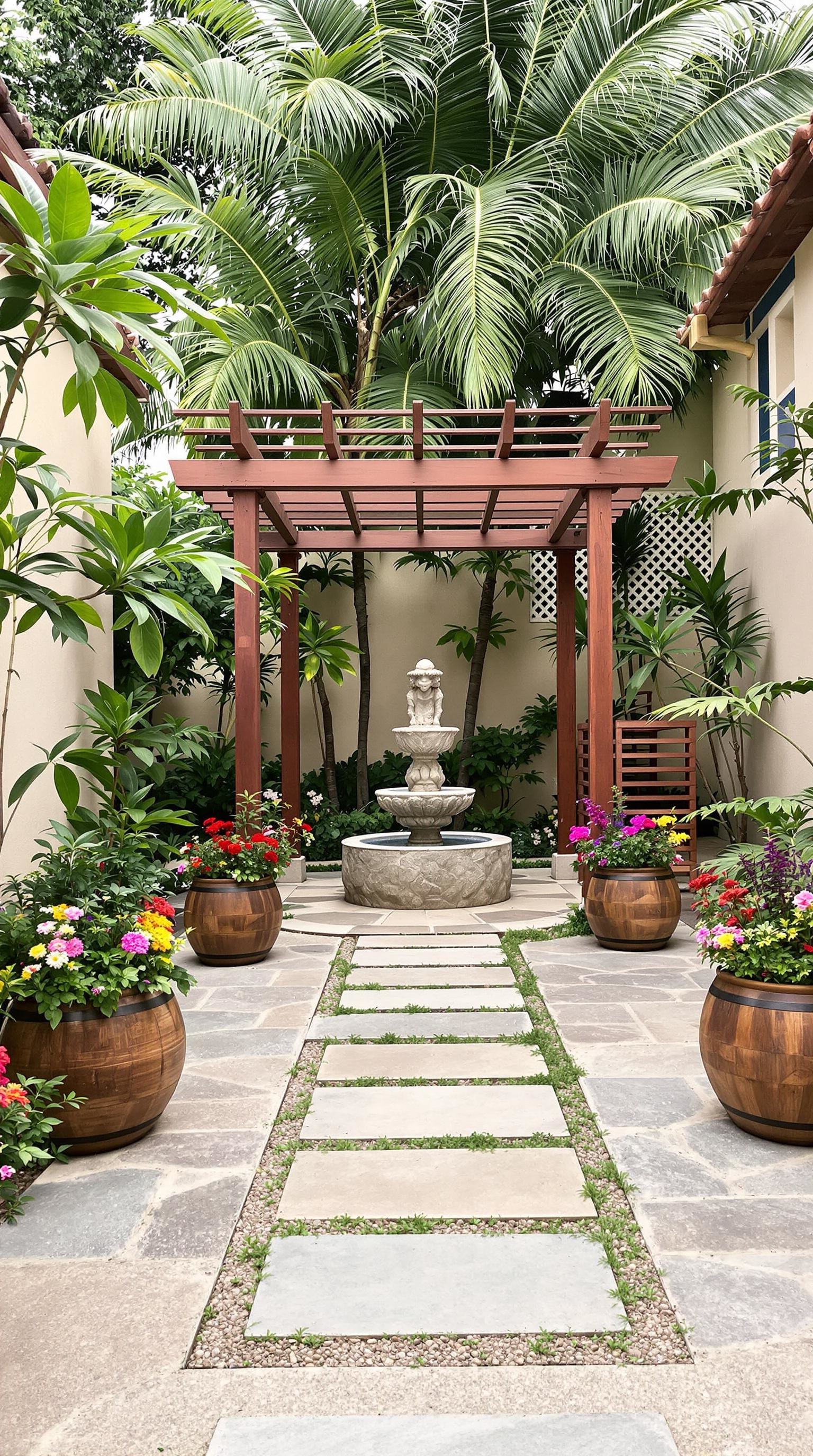 Create a serene courtyard scene influenced by traditional architecture. Replace the existing structures with a small wooden pergola, featuring a thatched roof. Add a stone pathway with irregular slabs leading through the garden. Introduce round, wooden planters filled with vibrant flowers on either side of the pathway, and a larger stone water feature at the center, resembling a fountain. Incorporate lush greenery with a mix of tall palms and small shrubs to enhance the tropical ambiance. The color palette should be muted earth tones, creating a calm and inviting atmosphere.
