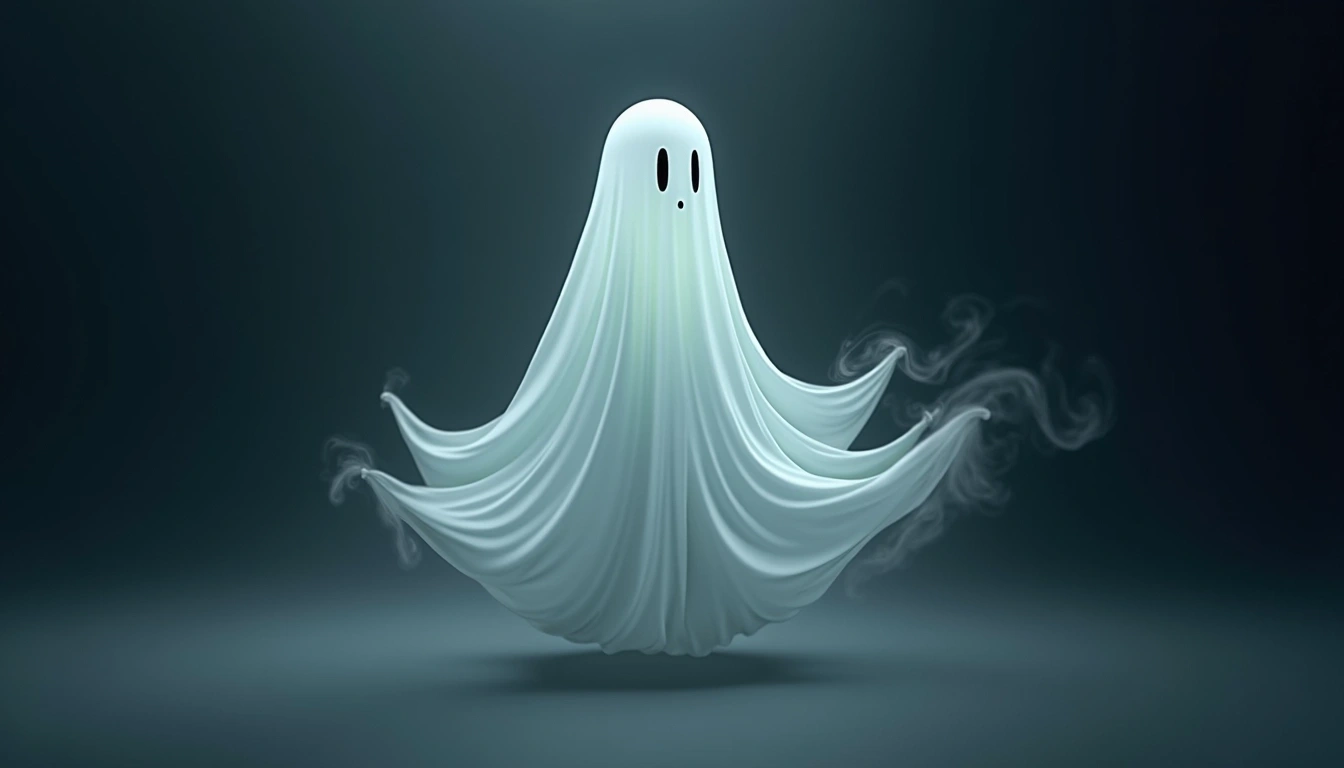 Create an ethereal floating figure that resembles a spirit or apparition, characterized by flowing and translucent fabric that appears to billow gently in an unseen breeze. The figure should have a smooth, rounded head with simple eye holes, suggesting a ghostly presence. The background should be a deep, dark gradient that enhances the figure's luminescence, without any recognizable brand elements or text. Add wisps of mist or smoke swirling around the base to convey movement and a sense of mystery.