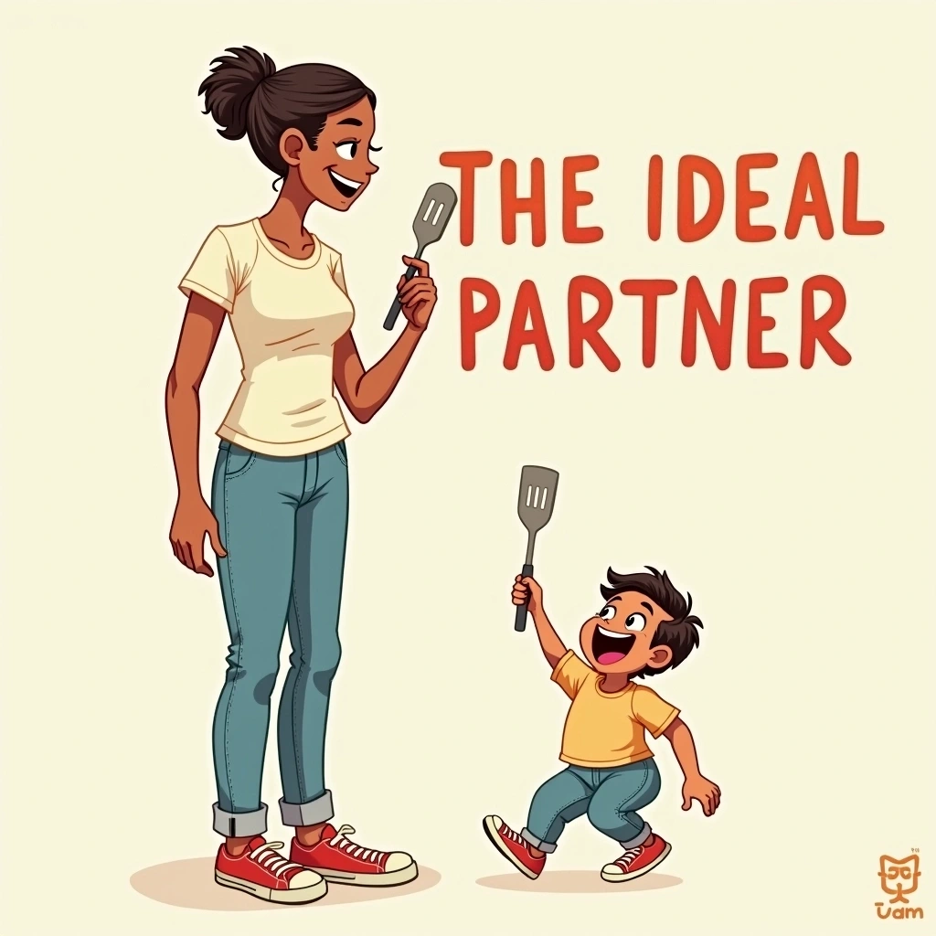 **THE IDEAL PARTNER**
- >LOVES TECHNOLOGY
- >GOOD AT COOKING
- >WANTS A FAMILY
- >UNDERSTANDING
- >THAT’S IT
*Illustration: A character in casual attire holding a kitchen utensil, with a cheerful expression, depicted in a playful and artistic style.*