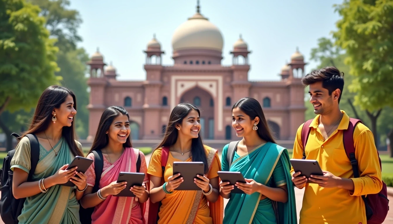 Create an image featuring a diverse group of Indian students standing in front of a historic building with intricate architecture. They should be dressed in vibrant colors, holding tablets or laptops instead of books. The background should include lush greenery and a bright sky to create a lively atmosphere. The students should be interacting with each other in a friendly manner, smiling and displaying a sense of community and collaboration. Please ensure that there are no brand references or identifiable elements in the image.
