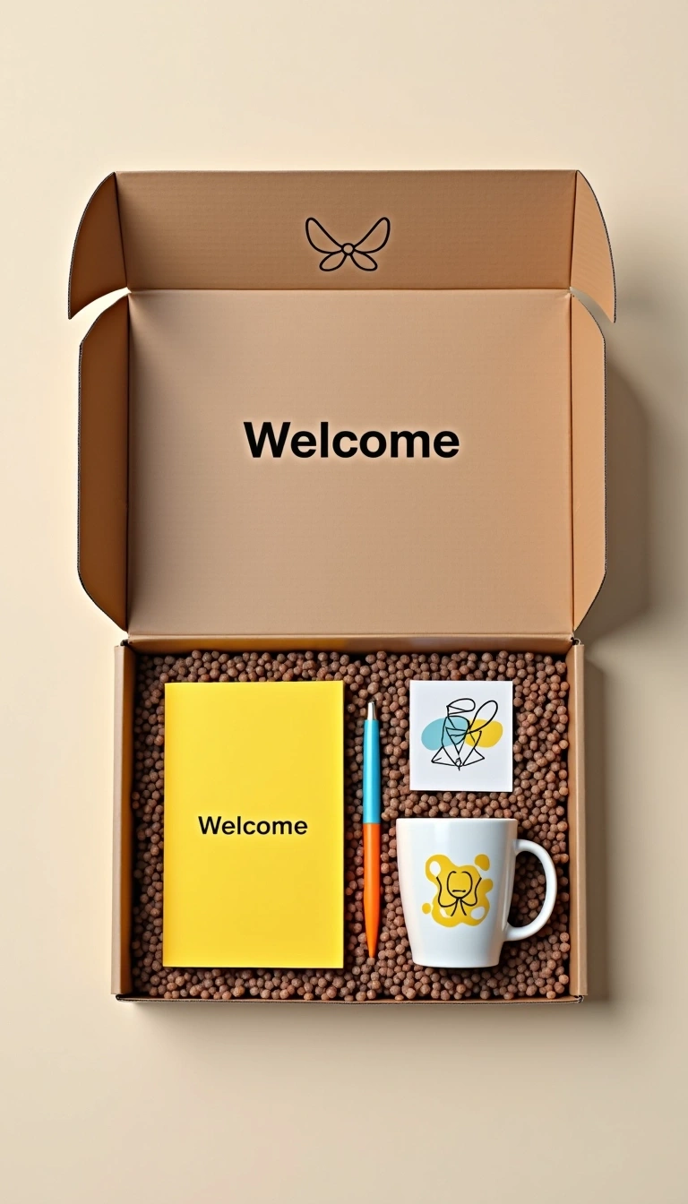 Create a design for a welcome gift box. The box is made of sturdy brown cardboard and features a simple graphic of a ribbon on the top. Inside, there should be:
1. A folded welcome note card with a friendly greeting.
2. A bright yellow notepad with a smooth cover.
3. A pen in a vibrant color next to the notepad.
4. A white mug featuring a cheerful, abstract design.
5. Soft filler material in the box to cushion the items.
6. A small card with a fun illustration unrelated to any brands.
Ensure that the overall appearance is warm and inviting, suitable for welcoming new members to a community or team.