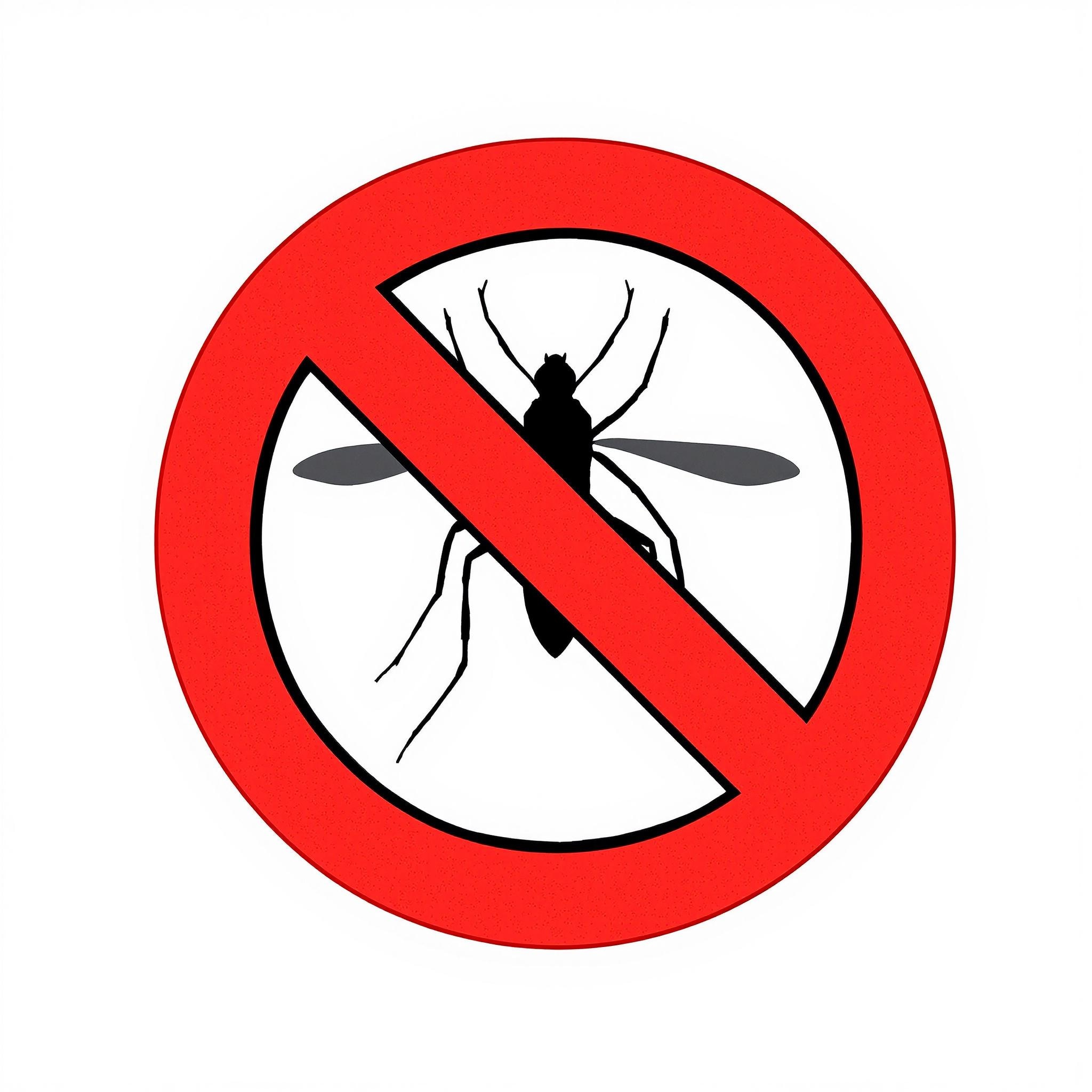 Design a circular emblem with a bold red border featuring a diagonal slash across the center. Instead of a mosquito, depict a generic insect silhouette in black, avoiding specific details that identify it. The background should be a clean white, ensuring that the emblem captures attention while clearly conveying a "no" message. The overall look should be simple and modern, avoiding any brand references or text.