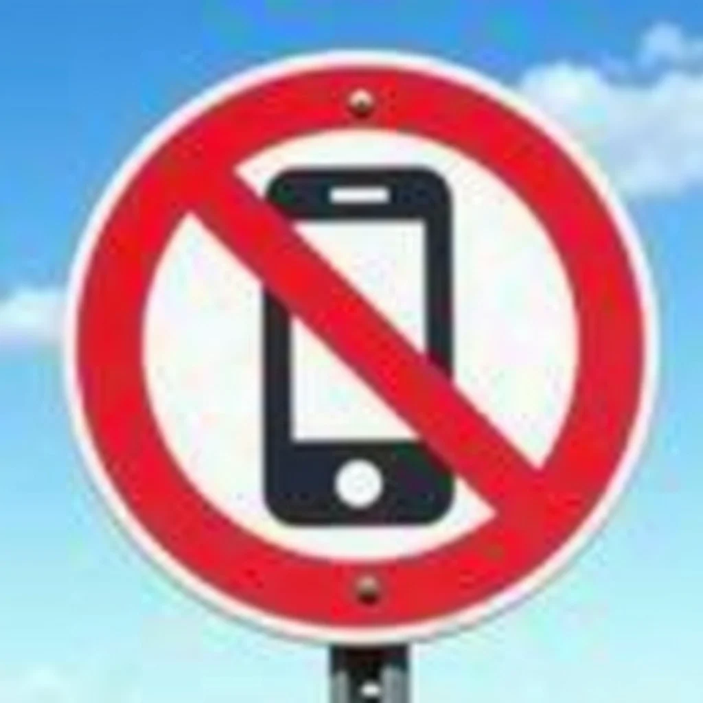 Create a sign featuring a circular red border with a diagonal slash. Inside, place a simple graphic of an abstract communication device instead of a specific mobile phone. The background should be a gradient of light blue to darker blue to suggest a bright sky. The overall effect should convey a message of prohibiting communication devices in a clear and visually appealing manner.