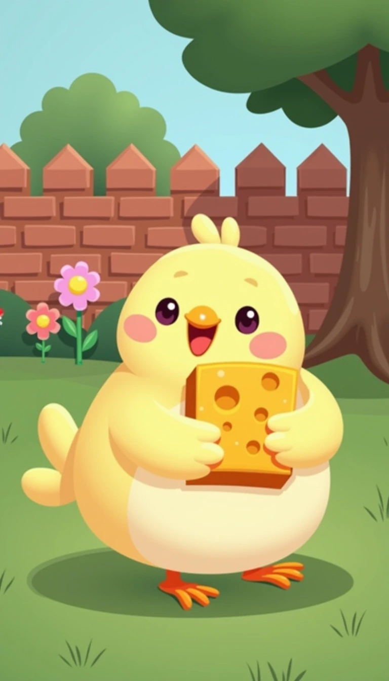 Create an illustration of a cute, chubby bird with a round body, holding a slice of cheese instead of bread. Change the setting to a vibrant park with green grass and a few colorful flowers in the background, replacing the brick wall with a soft, shaded tree. Adjust the bird's color to a soft pastel yellow.