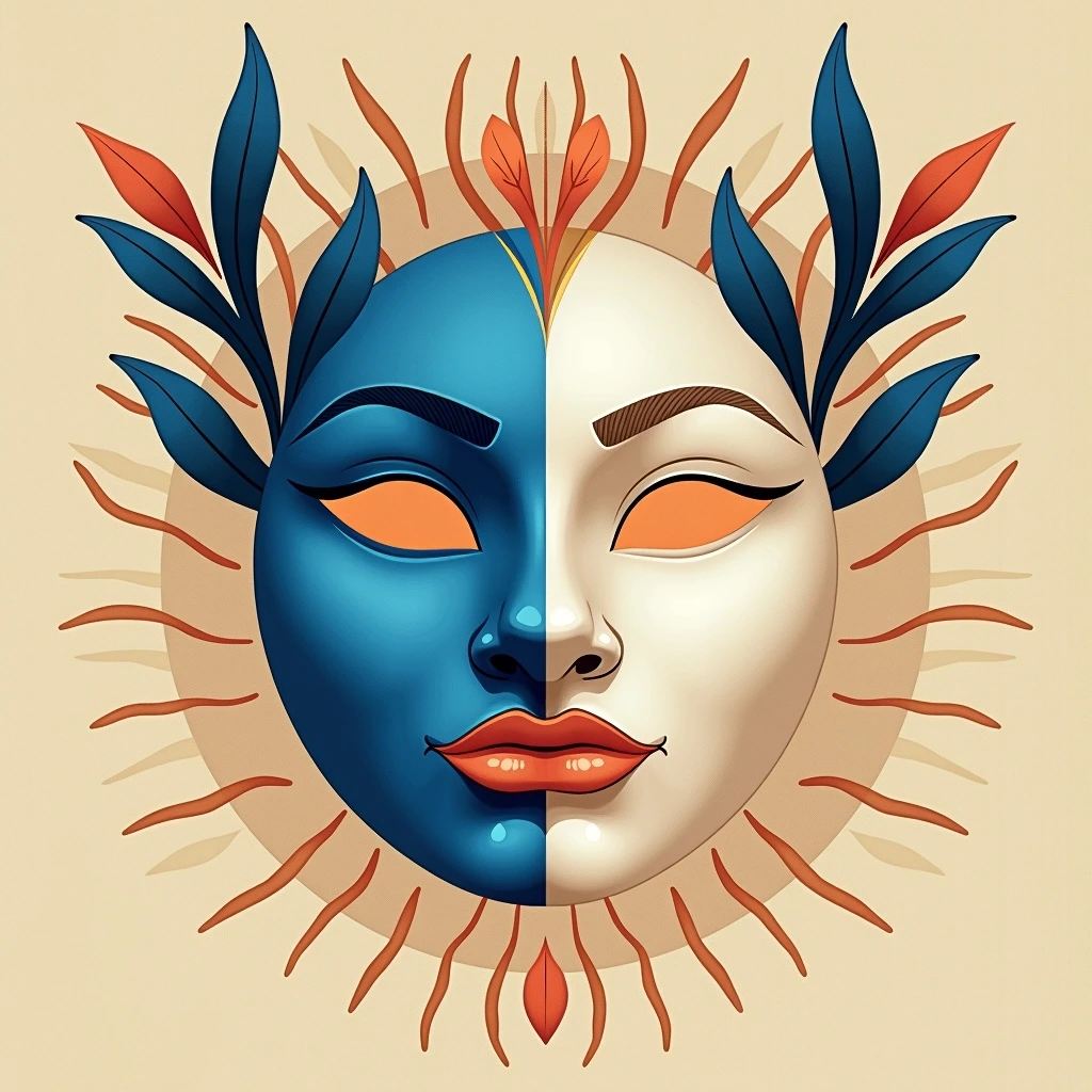 Create an image featuring two symmetrical masks, one in a vibrant blue and the other in a soft cream. Instead of facial features, incorporate abstract geometric patterns within each mask. The background should be a textured beige, with rays extending outward from the masks, radiating in various shades of light. Adjust the composition to include organic shapes, enhancing the visual flow and harmony between the elements.
