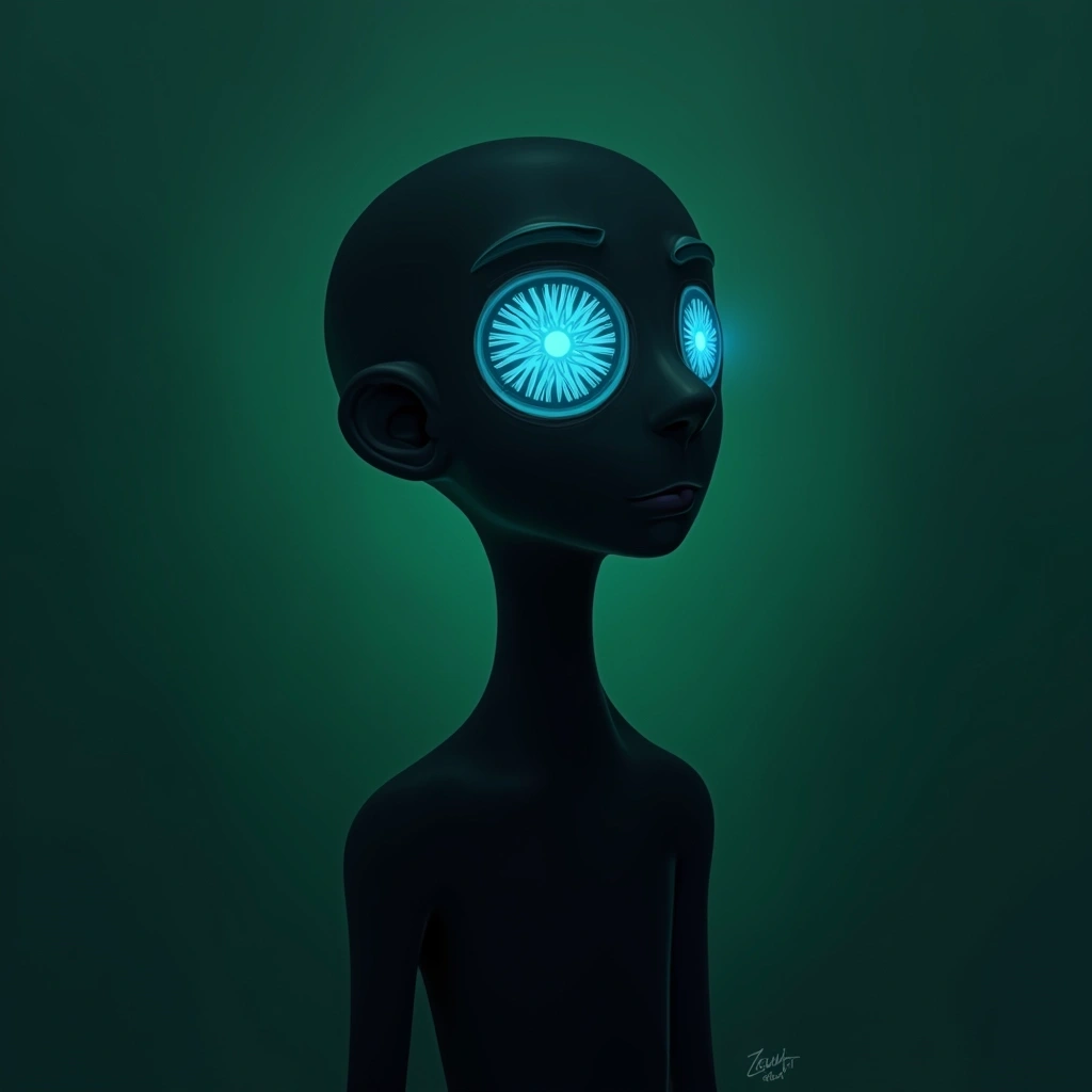 Create an image of a faceless figure with a single glowing blue eye in a dark green background. The figure should have an abstract body shape, consisting of fluid, organic forms. Use a softer color palette for the background, incorporating gradients of green and teal, to evoke a sense of mystery. The eye should be detailed, with intricate patterns within the iris that contrast with the surrounding darkness, giving it a piercing presence. Maintain a simplistic style, avoiding intricate features on the figure's outline, to emphasize the surreal atmosphere.