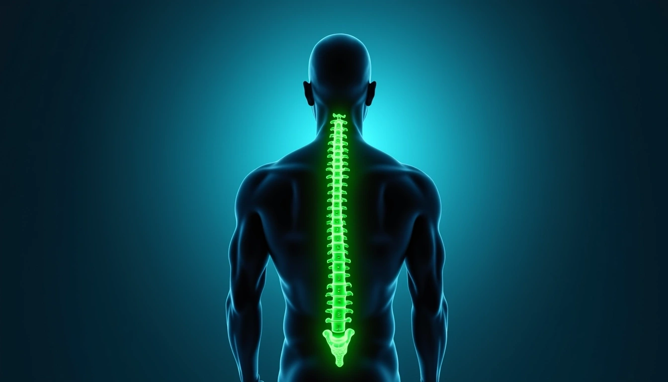 Create an image of a human silhouette viewed from the back, with a visible spine highlighted in a bright green hue. The surrounding area should have a gradient background transitioning from dark blue at the bottom to light blue at the top. Remove any brand references and focus on a stylized representation of the spine with simplified vertebrae shapes, giving a more abstract and modern feel.