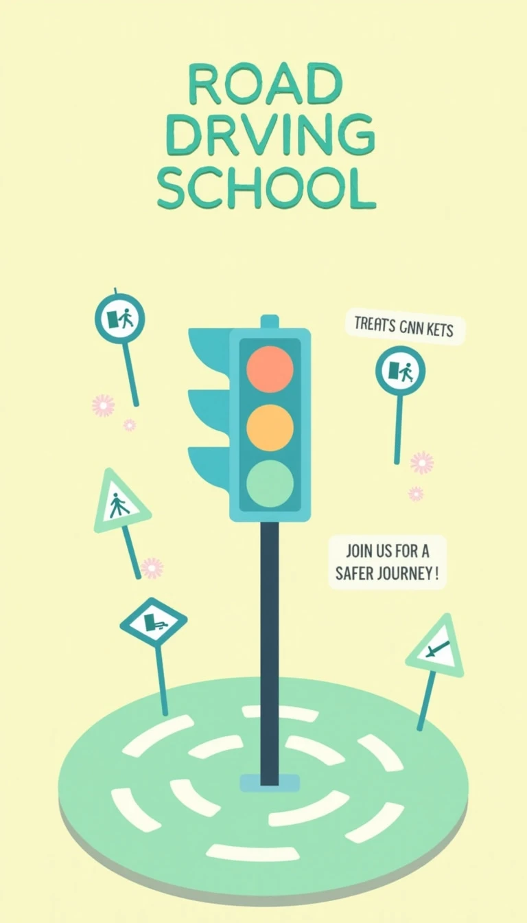 1. **Traffic Light Icon**: Retain the basic traffic light shape but change its color scheme to pastel shades (light blue, peach, and mint green) to give it a softer appearance.
2. **Surrounding Signs**: Replace the existing road signs with stylized icons representing pedestrian crossings, bike lanes, and speed limits, using varying geometric shapes.
3. **Text Layout**: Change "DRIVING SCHOOL" to "ROAD SAFETY" and utilize a playful font that suggests friendliness and approachability. Add a tagline such as "Join Us for a Safer Journey."
4. **Background**: Alter the background to a gradient of light yellow to light green, creating a welcoming and fresh feel.
5. **Road Pattern**: Modify the circular road beneath the traffic light into a wavy path that suggests a journey or adventure, rather than a circular track.