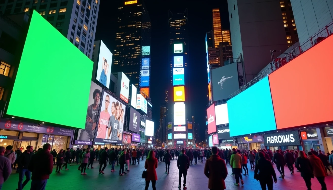 Create an urban night scene in a bustling city square, featuring large, blank digital billboards displaying vibrant colors instead of a green screen. Remove any brand references and alter the crowd to include diverse individuals wearing casual clothing. Incorporate tall buildings in the background illuminated with various lights, and ensure the atmosphere feels lively and energetic.