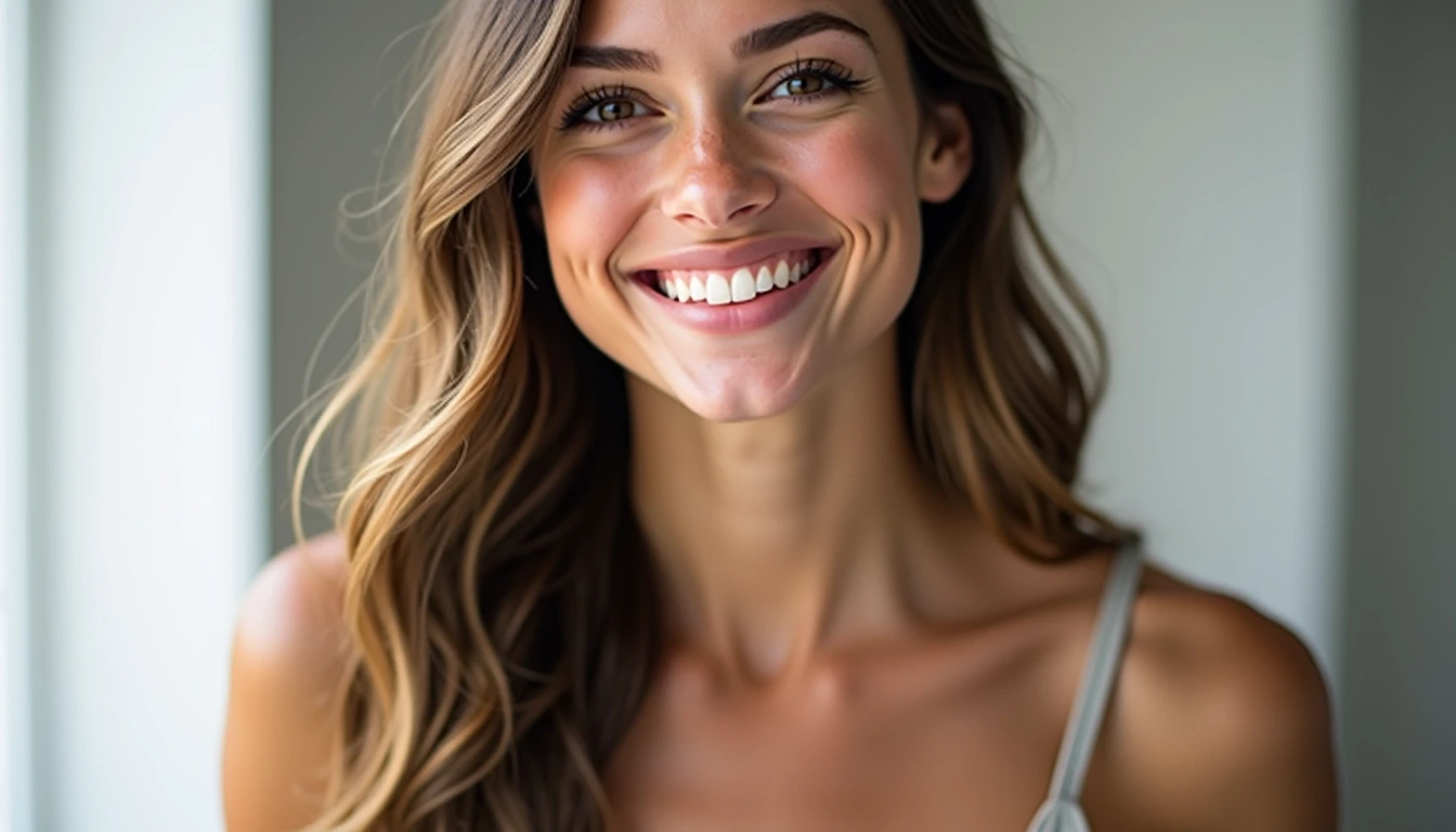 Create an image featuring a smiling individual with long, flowing hair that has subtle highlights. The person has an open, inviting expression, with bright eyes and a warm smile showcasing straight teeth. The background is softly blurred, emphasizing the subject. The individual is wearing a simple, elegant top, and the lighting is bright and flattering, highlighting their facial features while keeping the overall look natural.