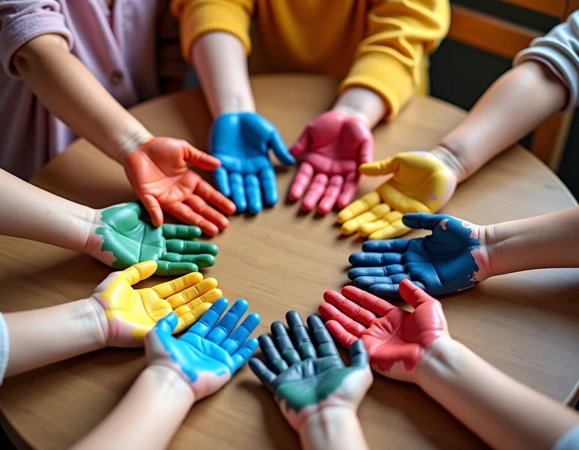 Design a scene featuring a circle of diverse children's hands reaching outwards, arranged around a wooden table. The hands display various colors of paint, illustrating creativity and fun. The background is softly blurred, emphasizing the hands and their vibrant hues against the textured wood surface. Use a warm, natural light to create a cheerful atmosphere, and replace any brand references with simple, playful patterns on the children's clothing.