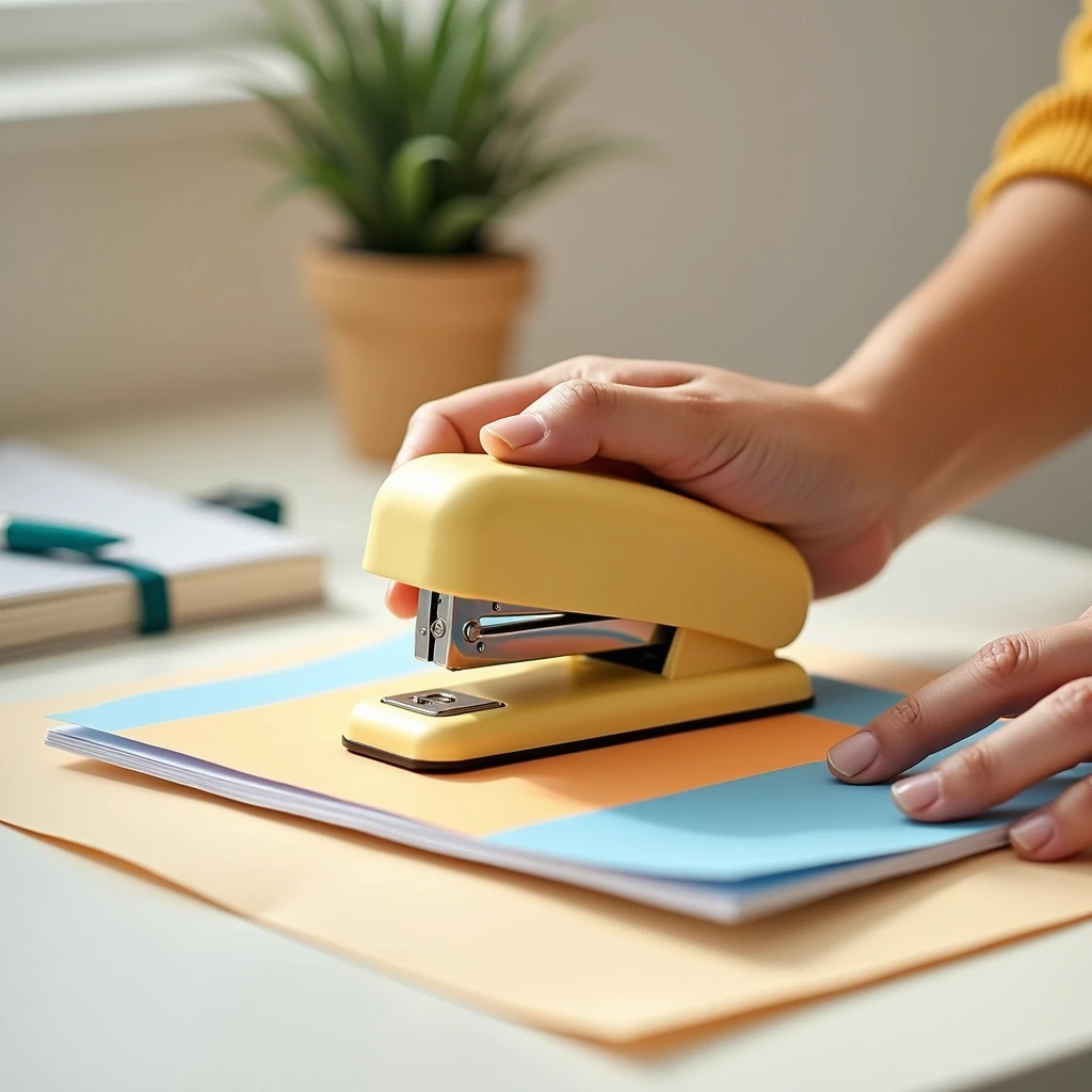 **Prompt for a Redesigned Stapler Image:**
- **Object**: A staple binder
- **Color**: Soft pastel yellow instead of blue
- **Material**: Slightly textured matte finish instead of glossy
- **Shape**: Rounded edges with a more ergonomic grip design
- **Context**: A hand is using the stapler on two pages with a more vibrant colored document.
- **Background**: A soft, blurred backdrop of a home office with neutral tones instead of the plain surface.
- **Additional Elements**: Include a small potted plant and a stylish notebook in the background for added context.
- **Lighting**: Warm, diffused lighting to create a cozy atmosphere.