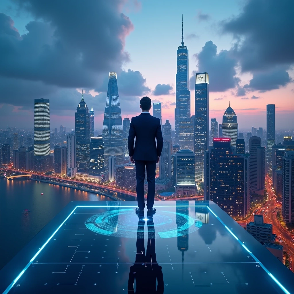 Create an image featuring a person in a business suit standing on a transparent platform overlooking a futuristic cityscape at twilight. The skyline should include sleek, modern skyscrapers with varied architectural styles. Replace the existing network lines with glowing, geometric shapes connecting the buildings. Ensure the sky is dramatic with deep blue and purple hues, and the city lights are vibrant, reflecting off the water below. Remove any specific brand references or logos from the image.