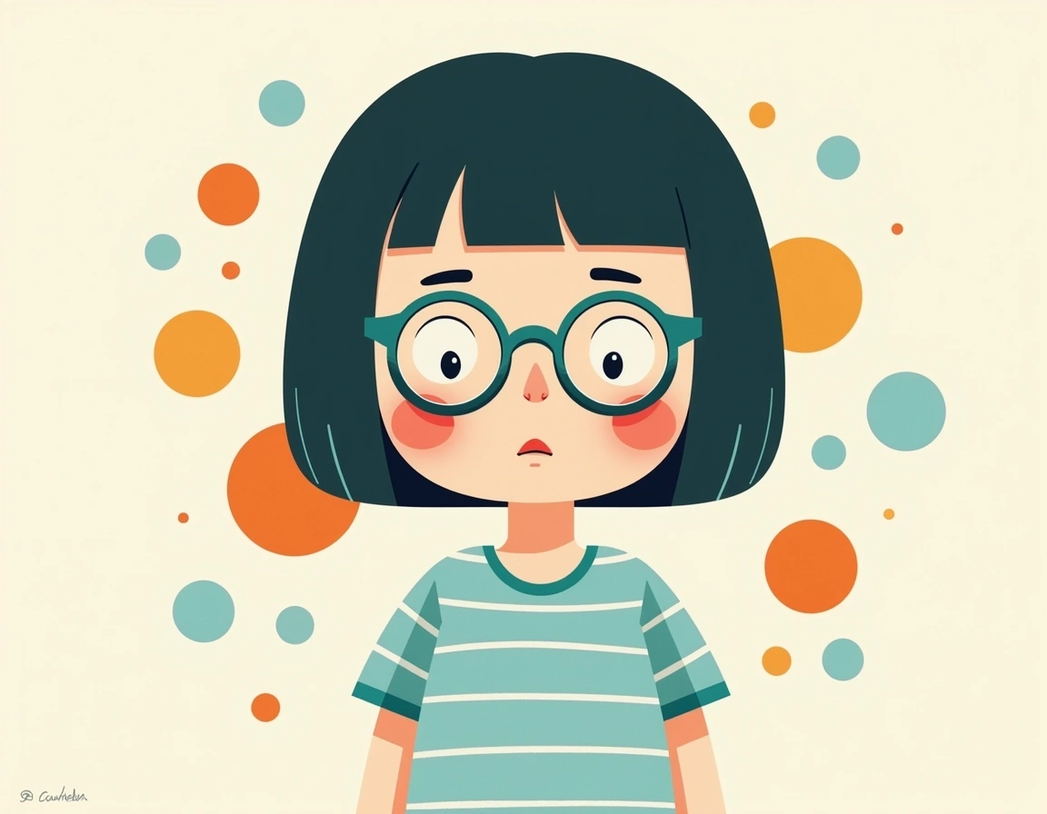 Create an illustration of a character with a round face and an expression of curiosity. Change the hairstyle to a smooth bob and use teal for the glasses. The outfit should consist of a short-sleeved shirt with playful stripes. In the background, replace the orange circles with various sizes of pastel blue ovals. Use a soft cream background for contrast.