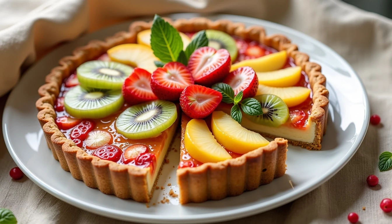 Create an image of a round, rustic tart with a golden-brown crust. Instead of pears, top it with a variety of colorful, sliced fruits like strawberries, kiwi, and peaches, arranged symmetrically. Place a small sprig of mint next to the tart on a plain white plate. Use a textured beige cloth as the background, and include a few scattered pieces of fruit around the plate for additional color. Make sure the tart has a creamy filling visible when a slice is removed.