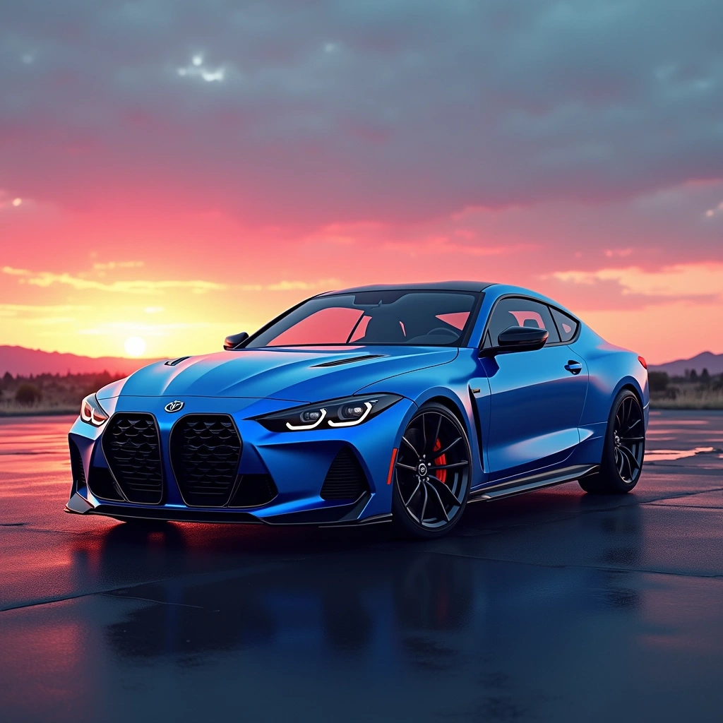 **Design Breakdown Prompt:**
- **Color**: Change the car color from blue to a vibrant red.
- **Headlights**: Alter the headlight shape to be more angular and aggressive, with a brighter LED accent.
- **Grille**: Modify the grille to be larger and hexagonal, providing a bolder front look.
- **Hood**: Introduce subtle air vents on the hood for improved aerodynamics.
- **Side Mirrors**: Reshape the side mirrors to be more streamlined, enhancing the car’s sleek appearance.
- **Background**: Replace the clear sky with a dramatic sunset for a more dynamic ambiance.
- **Wheels**: Change to a more intricate alloy wheel design, featuring a multi-spoke pattern for added elegance.
- **Texture**: Use a matte finish instead of gloss for a modern touch.
Feel free to adjust any additional elements as preferred!