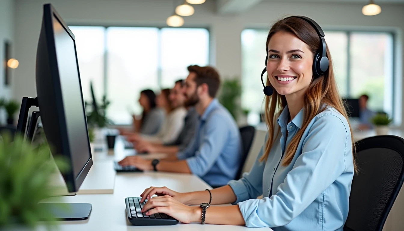 **Image Design Breakdown Prompt:**
- **Setting:** A modern office space with ample natural light.
- **Main Subject:** A smiling woman wearing a headset, sitting at a sleek white desk.
- **Attire:** She wears a light blue blouse with rolled-up sleeves.
- **Background:** Other employees at their desks, some on calls, with a mix of black and wood desks.
- **Technology:** A minimalist computer setup with a large, curved monitor, a wireless keyboard, and no visible branding.
- **Color Scheme:** Use soft pastels and neutral tones for a clean, professional look.
- **Accessories:** The woman has a simple bracelet instead of a distinct accessory.
Maintain a welcoming and collaborative atmosphere in the redesigned scene.