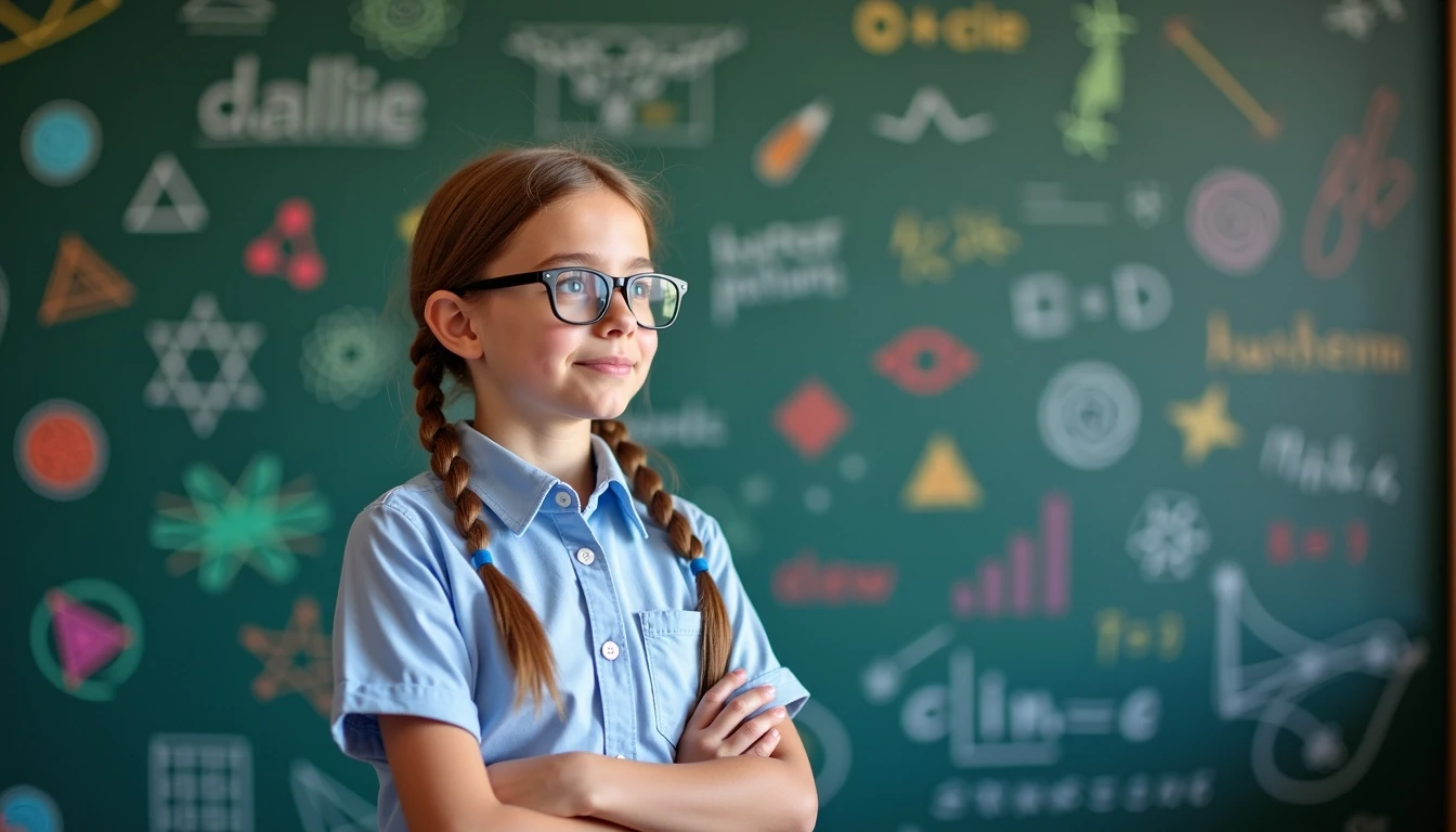 Create an image of a girl with light brown hair in two braids, wearing a simple light blue shirt, standing confidently in front of a chalkboard filled with colorful geometric shapes, mathematical equations, and scientific diagrams. The girl should have glasses and a determined expression, with her arms crossed as she gazes thoughtfully at the board. The background should be slightly blurred, emphasizing her figure and the vibrant illustrations on the board.
