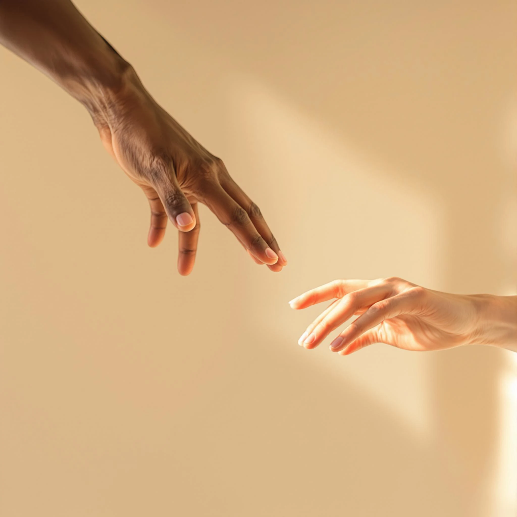 Create an image featuring two hands reaching toward each other, with one hand having a darker skin tone and the other a lighter skin tone. The background should be a soft, muted beige with a hint of natural light coming from the side. Instead of clothing details, focus on the graceful position of the fingers, highlighting the sense of connection and warmth between the hands. The overall atmosphere should evoke a feeling of intimacy and unity without any brand references or logos present.