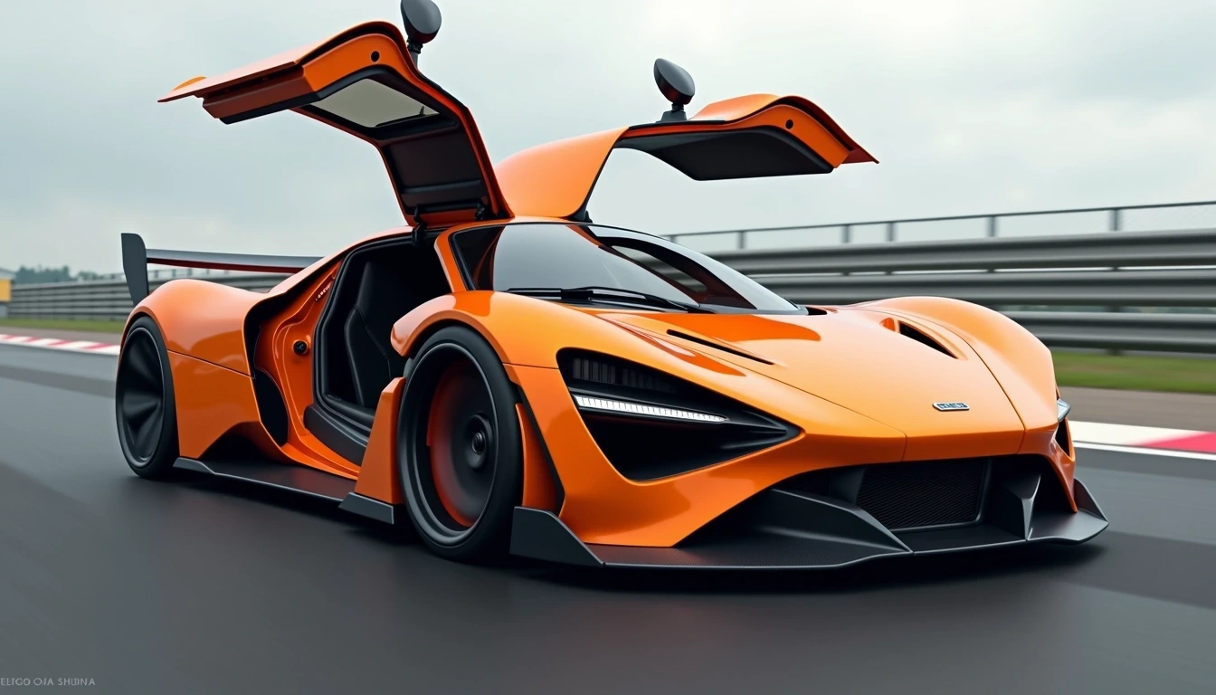 Design a photorealistic, sleek sports car with a vibrant orange exterior and unique upward-opening doors. The car should feature a prominent angular front with sharp headlights and a streamlined aerodynamic shape. Also, design a secondary vehicle with a matte silver exterior, an aggressive front grille, and wider wheel arches. No brand references should be included. Both vehicles should be placed in a modern racetrack environment with a blurred background to emphasize their speed. Enhance the scene with an overcast sky for dramatic effect.