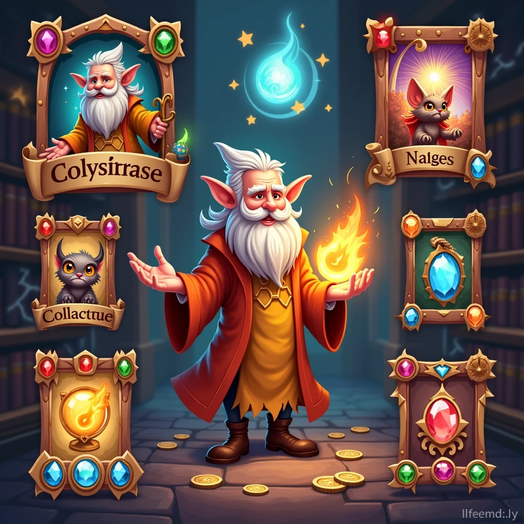 **Design Breakdown with Changes:**
1. **Color Palette:**
- Change the dominant colors to a warm palette, incorporating shades of orange, gold, and soft browns for a cozy atmosphere.
2. **Game Interface:**
- Modify the game type to a fantasy card game, using ornate card designs with vivid illustrations of mythical creatures and spells.
3. **Character Design:**
- Replace the character with a whimsical, elderly wizard, wearing a colorful robe and holding glowing cards, embodying a more playful vibe.
4. **Background:**
- Transition the setting to a mystical library filled with enchanted books, glowing artifacts, and a magical ambiance, rather than a casino atmosphere.
5. **User Interface Elements:**
- Revamp buttons and icons to resemble vintage scrolls and magical runes, providing a more enchanted feel.
6. **Collectibles:**
- Introduce gems and ancient relics instead of coins, featuring intricate designs and vibrant colors that fit the fantasy theme.
7. **Layout:**
- Maintain a three-panel layout, but reshuffle the arrangement and design elements to create a more whimsical and fluid composition, with dynamic movement implied through swirling magical effects.
8. **Typography:**
- Utilize a mystical font style that looks hand-drawn or calligraphic, enhancing the thematic cohesion of the fantasy setting.
These changes create a unique visual identity while retaining the original layout and functional aspects of the game interface.