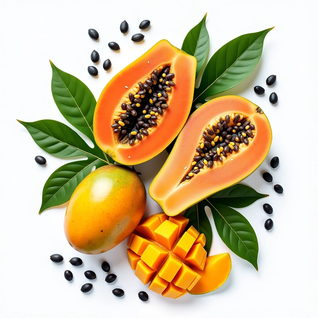 Create an image featuring a variety of tropical fruits, including vibrant orange slices, green peel, and dark seeds, but replace the papaya with a mango. Incorporate lush green leaves for a fresh look, and scatter a few seeds around to enhance the natural theme. The background should be plain white to emphasize the colors and textures of the fruits.