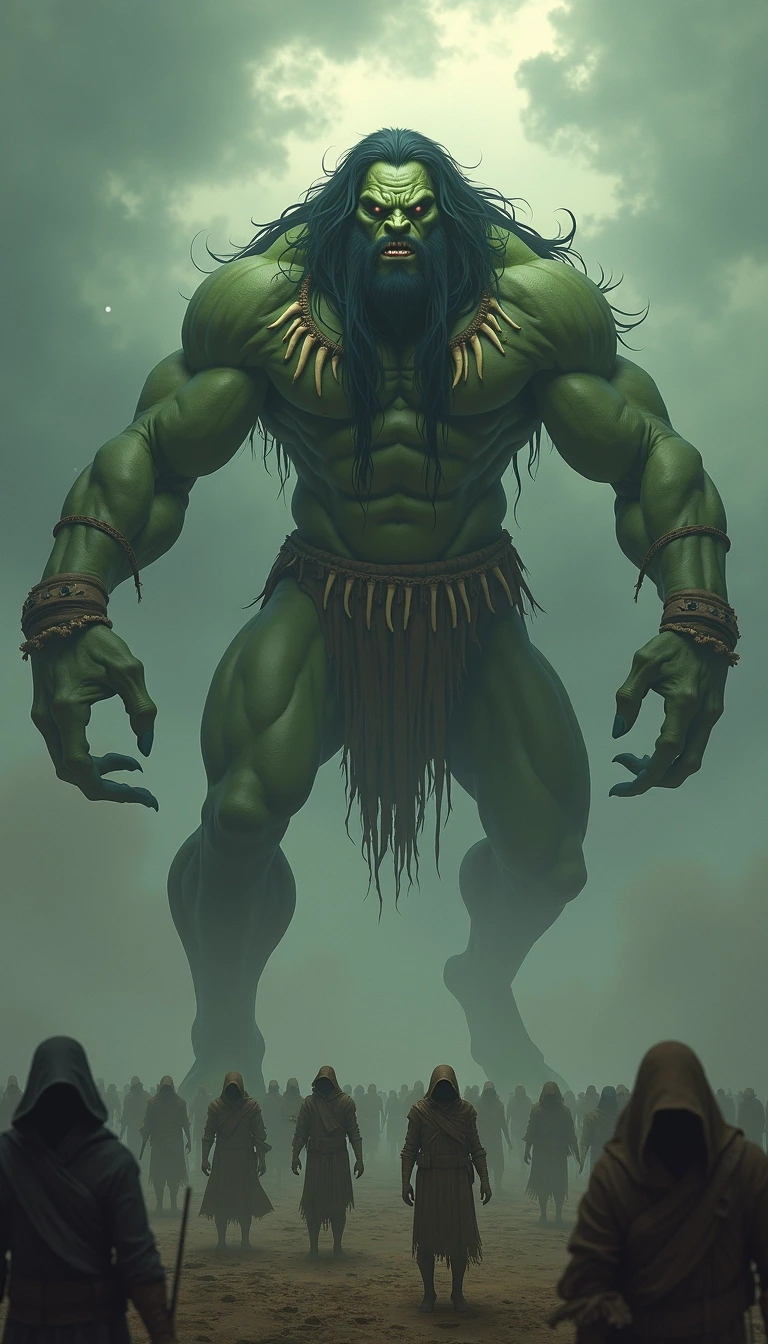 Create an image featuring three towering, muscular, mythical beasts in a misty, shadowy landscape. These creatures should have elongated limbs, fierce expressions, and be adorned with rustic, tribal necklaces made of animal bones. Change their skin tone to a deep green hue, and give them long, flowing hair. In the background, portray a crowd of smaller, hooded figures with tattered clothing, standing ominously on a barren ground. The atmosphere should be dark and foreboding, with swirling clouds above contrasting with a faint light breaking through.